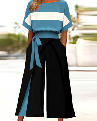 Women's Casual Round Neck Contrast Color Pants Two-Piece Set