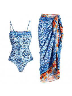 Blue And White Porcelain Print One Piece Swimsuit Set
