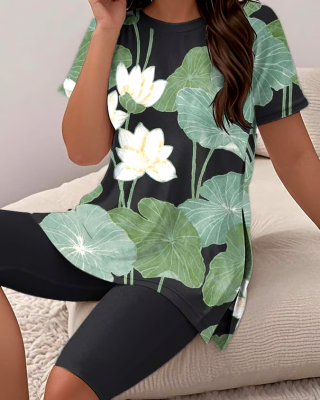 Women's Casual Round Neck  Print Short Sleeve T-Shirt Shorts Set
