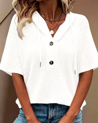 Women's Casual Solid Color Hooded Half-Button Waffle Top