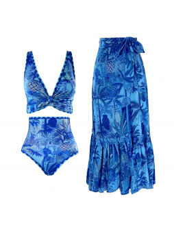 Blue Reversible High Waist Bikini And Sarong Swimsuit Set