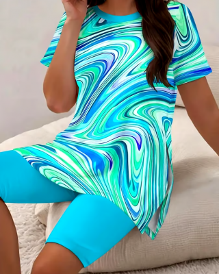 Women's Casual Round Neck Abstract Pattern Short Sleeve T-Shirt Shorts Set