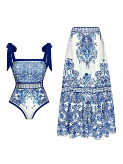 Blue And White Porcelain One Piece Swimsuit Set
