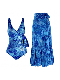 Blue Reversible  One Piece And Sarong Swimsuit Set