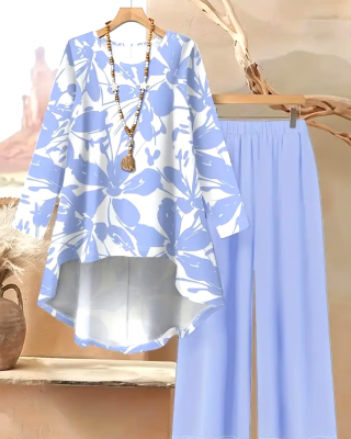Women's Casual Printed Irregular Hem Top and Pants Two-Piece Set