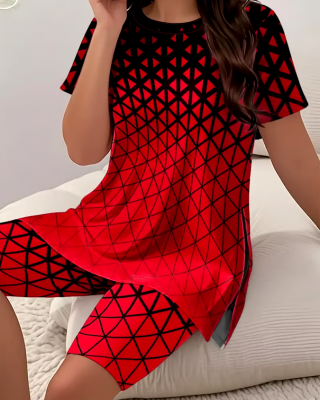Women'S Casual Round Neck Contrast Color Short Sleeve T-Shirt Shorts Set