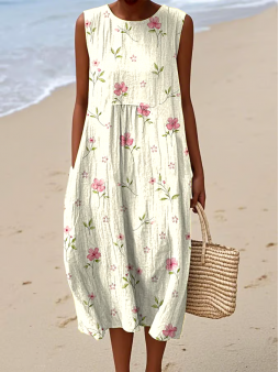 Women's Casual Floral Print Round Neck Sleeveless Dress