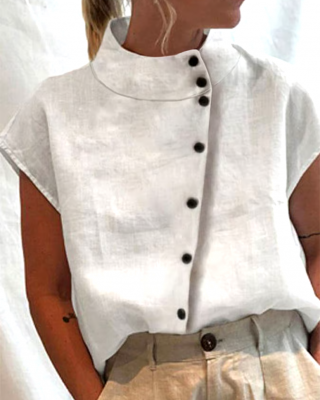 Summer Women's Cotton&Linen High Collar Button Short Sleeve Shirt