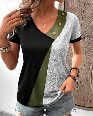 Women's Casual Contrast Color V-Neck Short Sleeve Button Top