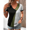 Women's Casual Contrast Color V-Neck Short Sleeve Button Top