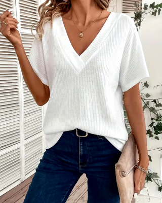 Women's Casual Loose V-neck Solid Color T-Shirt