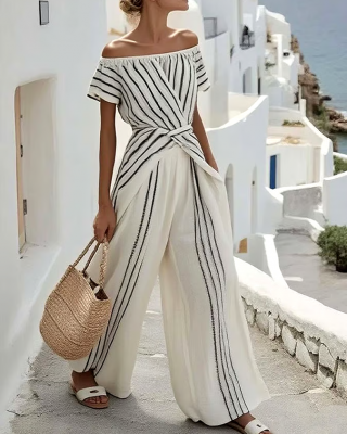 Women'S Casual Off-Shoulder Short-Sleeved Loose Striped Contrast Color Top And Trousers Two-Piece Set