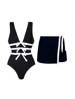 Black V Neck Sexy One Piece Swimsuit Set