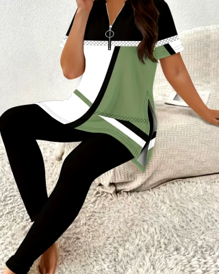 Women'S Casual Color Block Graphic Print Zip-Up Top And Pants Set