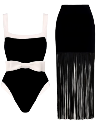 Bowknot Decor Color Block One Piece  Swimsuit Set