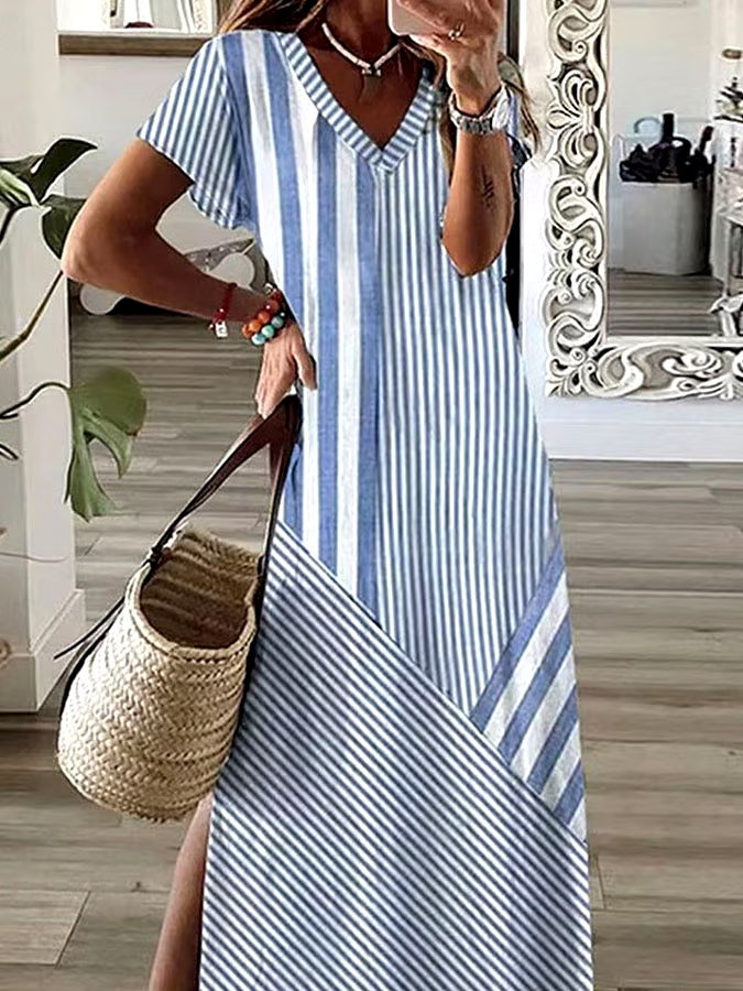 Women's Casual V-Neck Short Sleeve Striped Print Dress