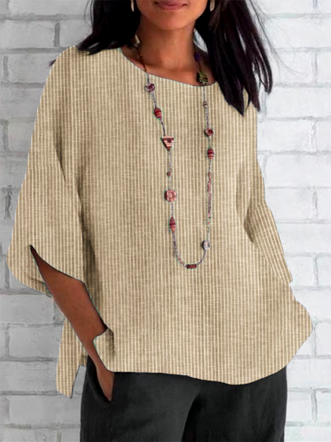Women's Spring and Summer Round Neck Cotton and Linen Striped Loose Top