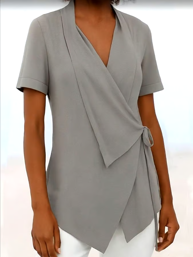 Women's Casual Solid Color Lapel Short Sleeve Lace-up Cotton and Linen Top