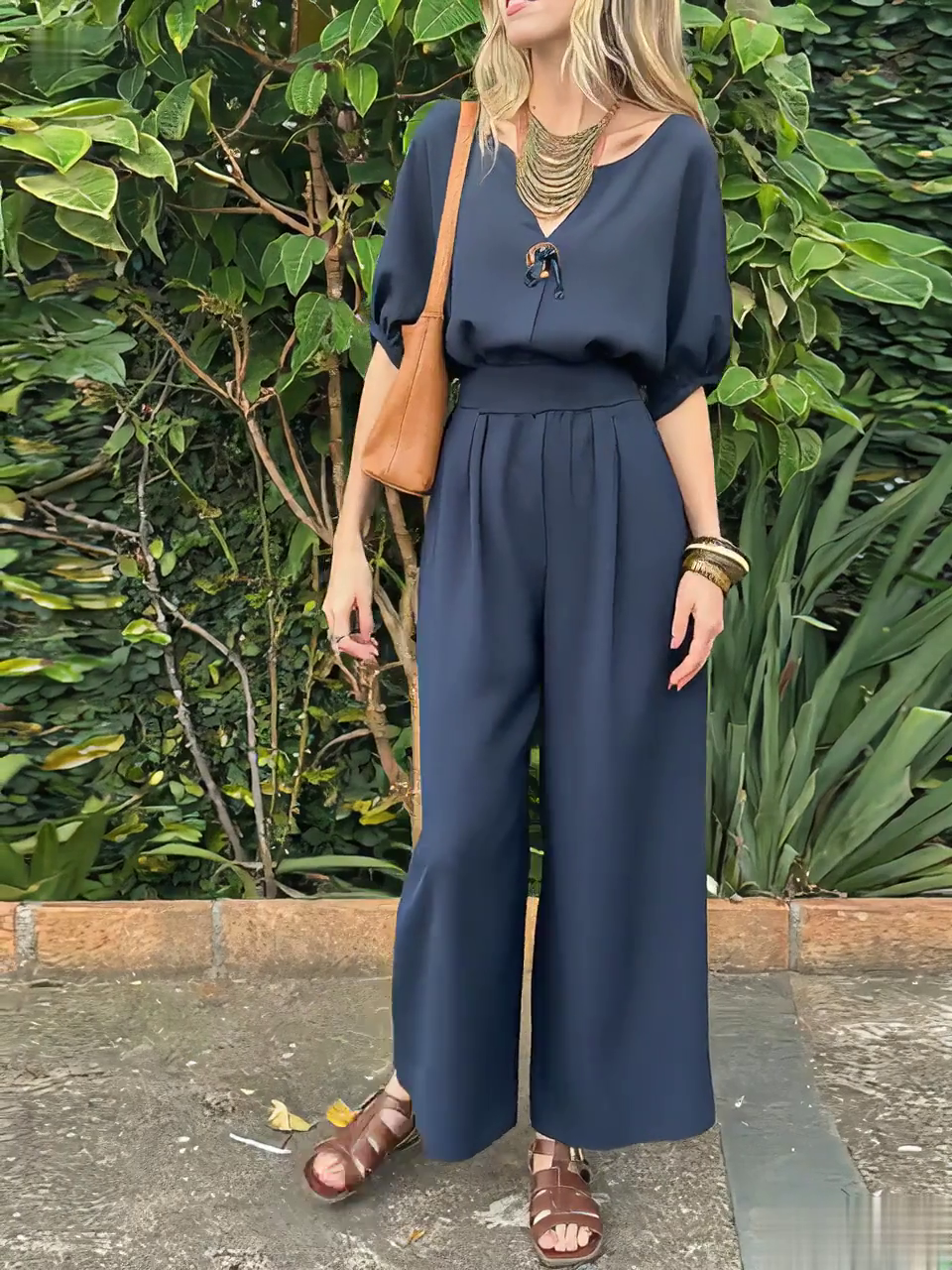 Women's Casual V-Neck Button Top and Pants Two-Piece Set Women's Casual V-Neck Button Top and Pants Two-Piece Set
