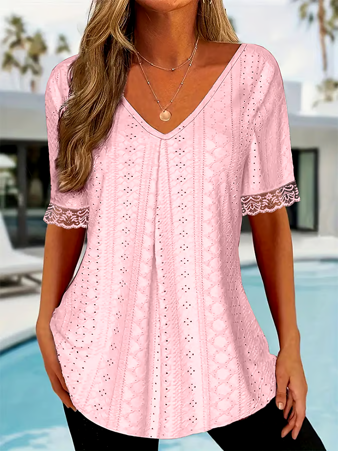 Women's solid color V-neck loose short-sleeved pleated T-shirt