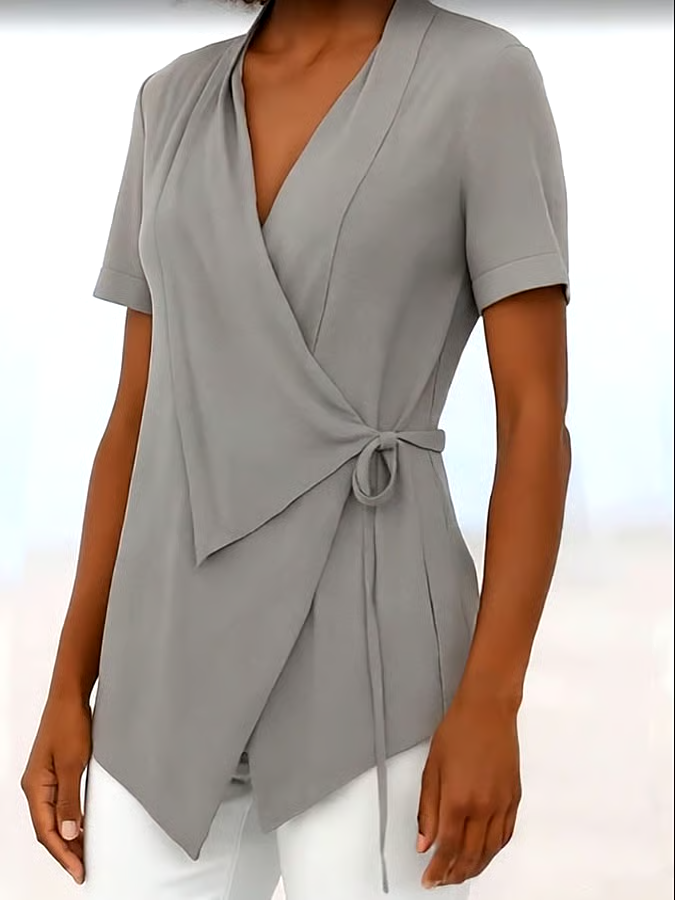 Women's Casual Solid Color Lapel Short Sleeve Lace-up Cotton and Linen Top
