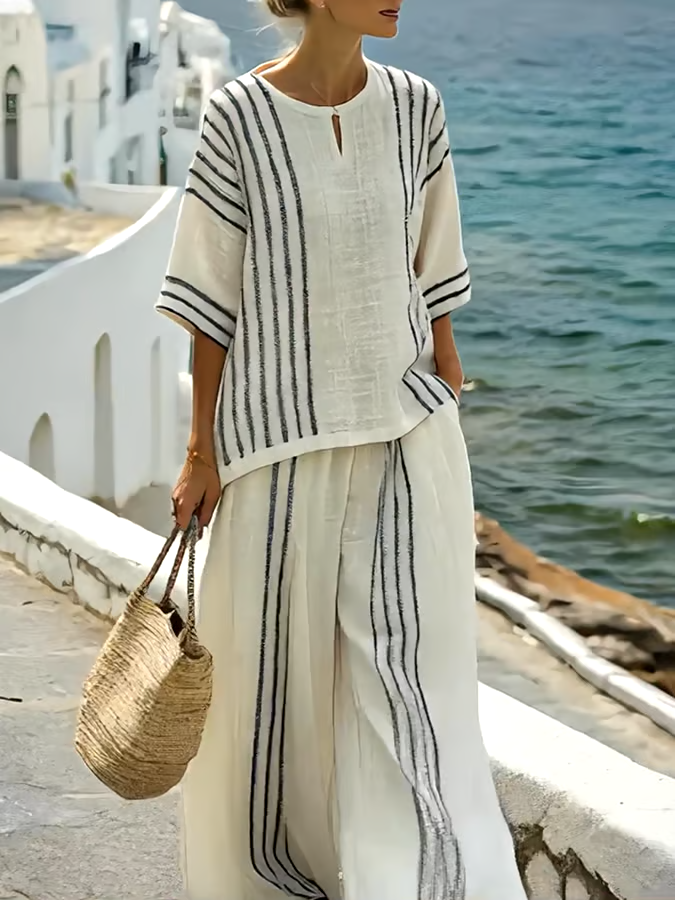 Women'S Loose Slit Contrast Striped Pants Set