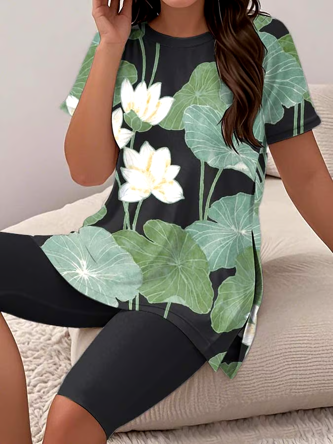 Women's Casual Round Neck  Print Short Sleeve T-Shirt Shorts Set