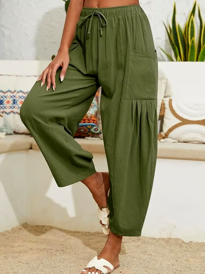 Women's Casual Solid Color Elastic Waist Pleated Cotton and Linen Trousers