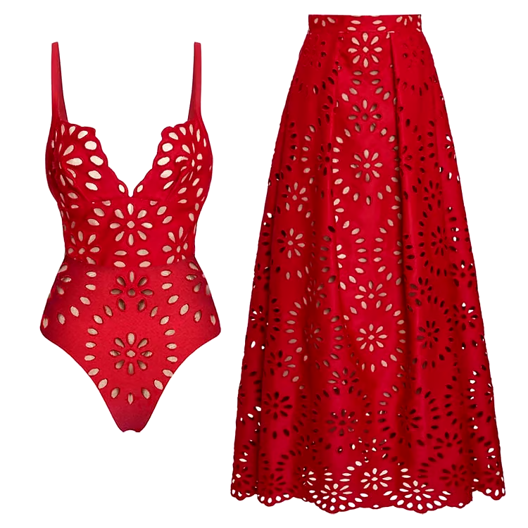 DBVACAY Laser Cutting Flower Hollow Flared Skirt Swimsuit Set