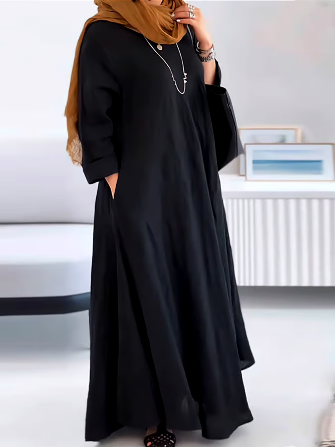 Women's Casual Solid Color V-Neck Long Sleeve Cotton and Linen Dress