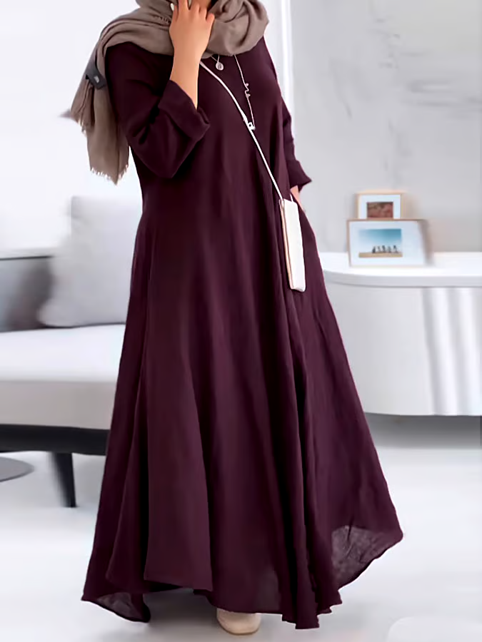 Women's Casual Solid Color V-Neck Long Sleeve Cotton and Linen Dress