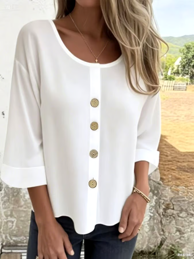 Women's Casual Solid Color V-Neck Mid-Sleeve Cotton and Linen Top