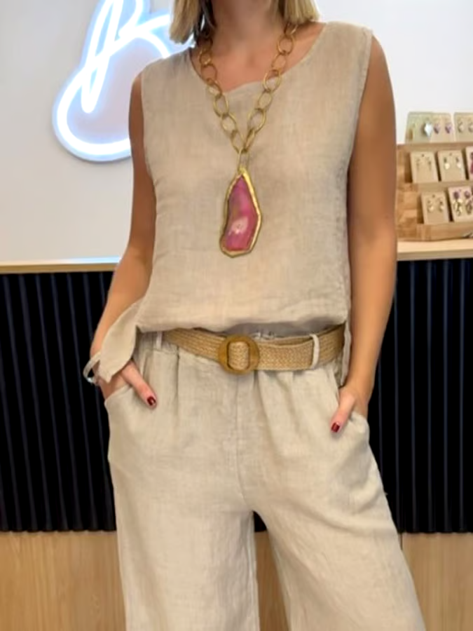 Women's Casual Solid Color Round Neck Vest Trousers Cotton and Linen Two-piece Set