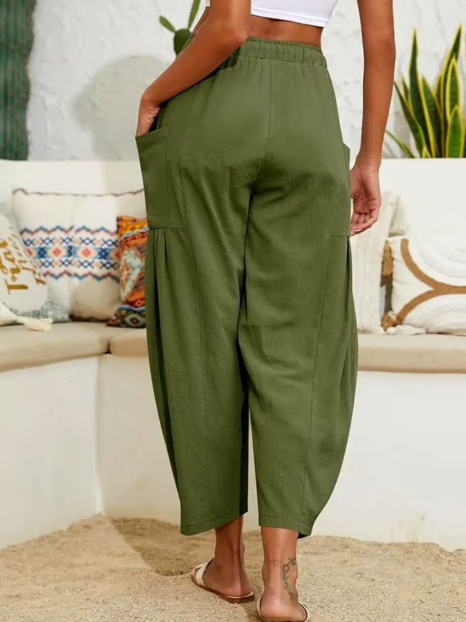 Women's Casual Solid Color Elastic Waist Pleated Cotton and Linen Trousers