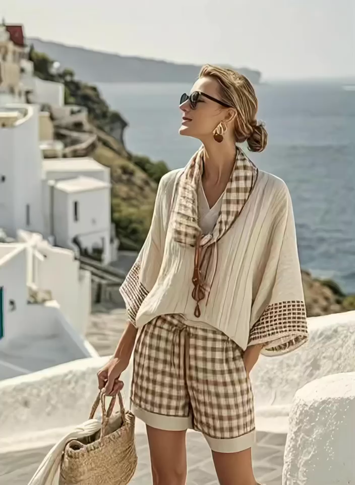 Women'S Loose Striped Scarf Holiday Shorts Set