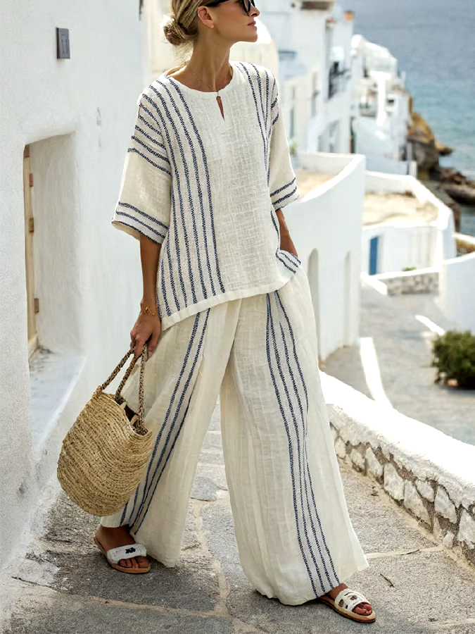 Women'S Loose Slit Contrast Striped Pants Set