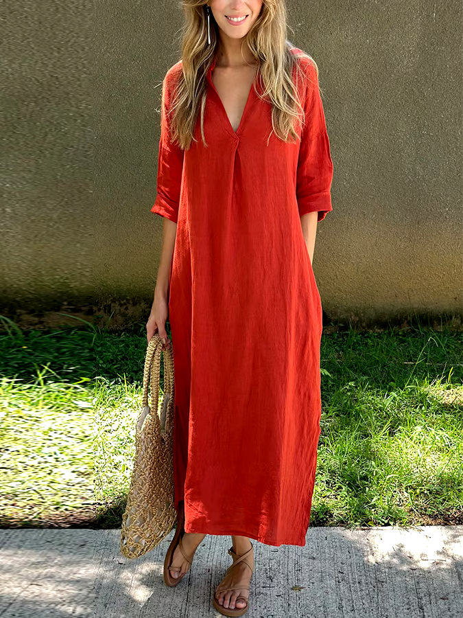 Women'S Casual Solid Color V-Neck Cotton And Linen Dress