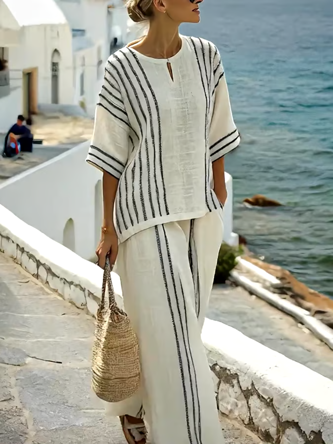 Women'S Loose Slit Contrast Striped Pants Set