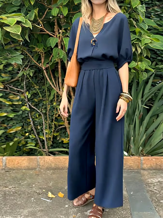 Women's Casual V-Neck Button Top and Pants Two-Piece Set Women's Casual V-Neck Button Top and Pants Two-Piece Set