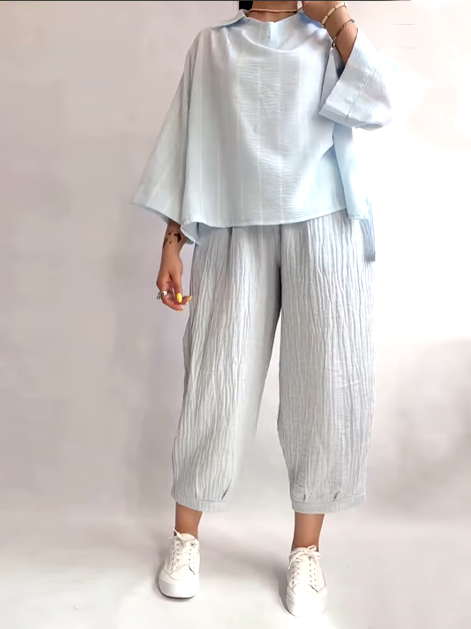 Women's Casual Striped Lapel Top and Pleated Pants Set Women's Casual Striped Lapel Top and Pleated Pants Set