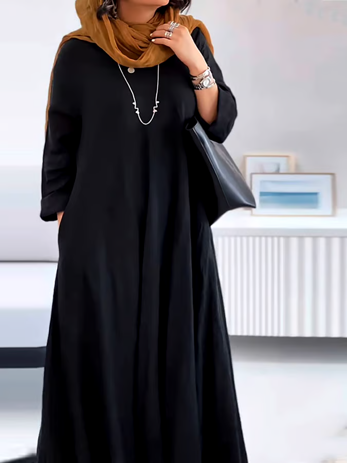 Women's Casual Solid Color V-Neck Long Sleeve Cotton and Linen Dress