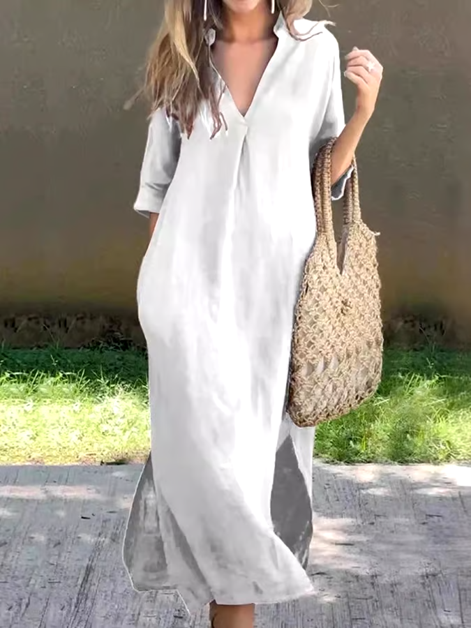 Women'S Casual Solid Color V-Neck Cotton And Linen Dress