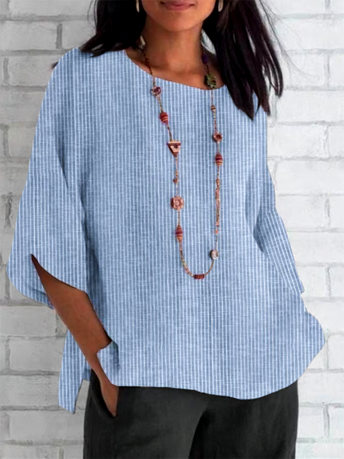 Women's Spring and Summer Round Neck Cotton and Linen Striped Loose Top