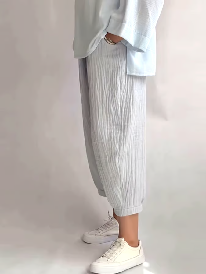 Women's Casual Striped Lapel Top and Pleated Pants Set Women's Casual Striped Lapel Top and Pleated Pants Set