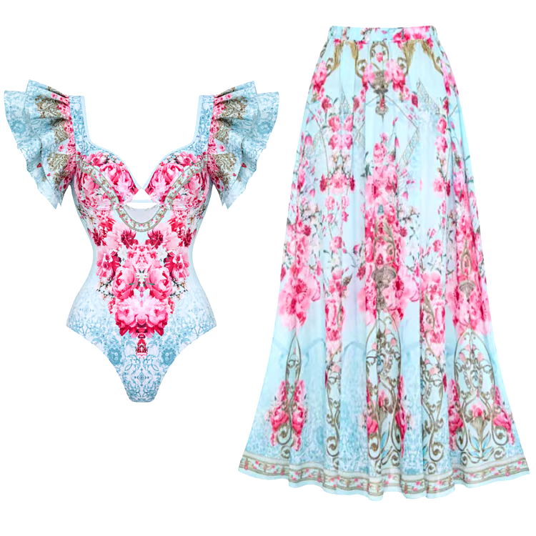Dbvacay Ruffled Blue  Flowers Print One Piece Swimsuit Set