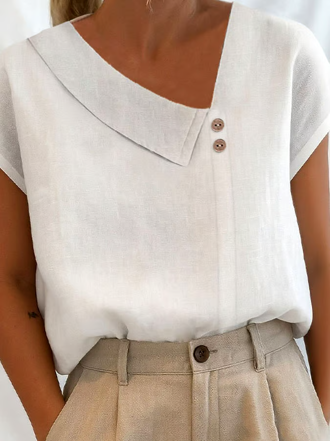 Women's Casual Solid Color V-Neck Short Sleeve Cotton and Linen Button Top Women's Casual Solid Color V-Neck Short Sleeve Cotton and Linen Button Top